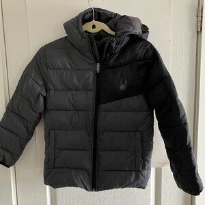 Spyder Jacket Youth Medium 10/12 Black Gray Hooded Puffer Zip Ski Snow Winter.
